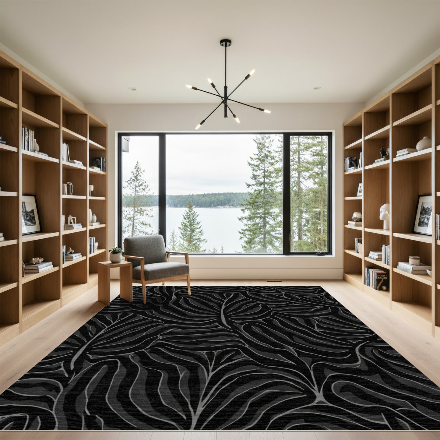 Dark Slate Gray Abstract Leaf Flow Rug