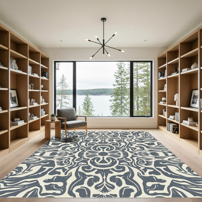 Cream Teal Abstract Ornamental Scroll Rug