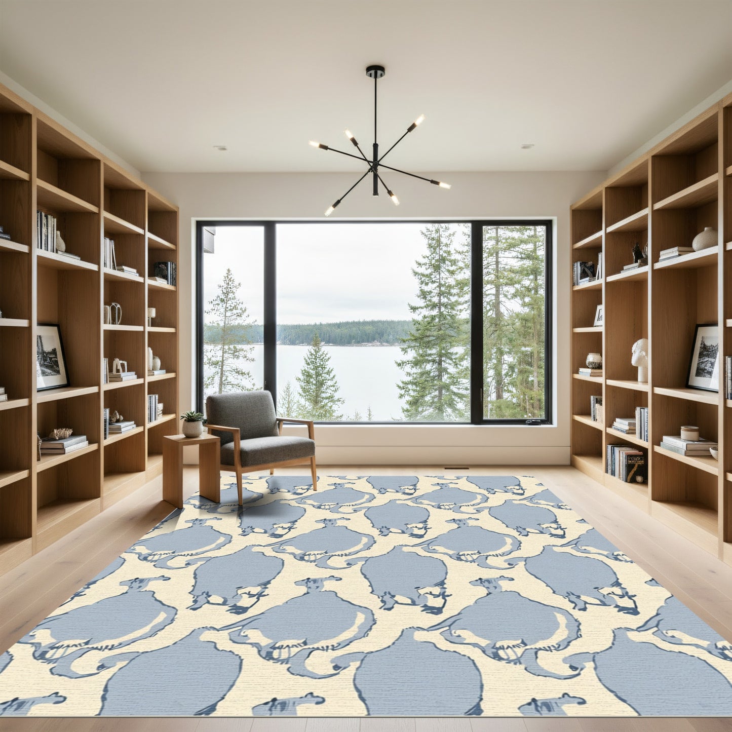 Pale Blue Abstract Rooster Fauna Rug