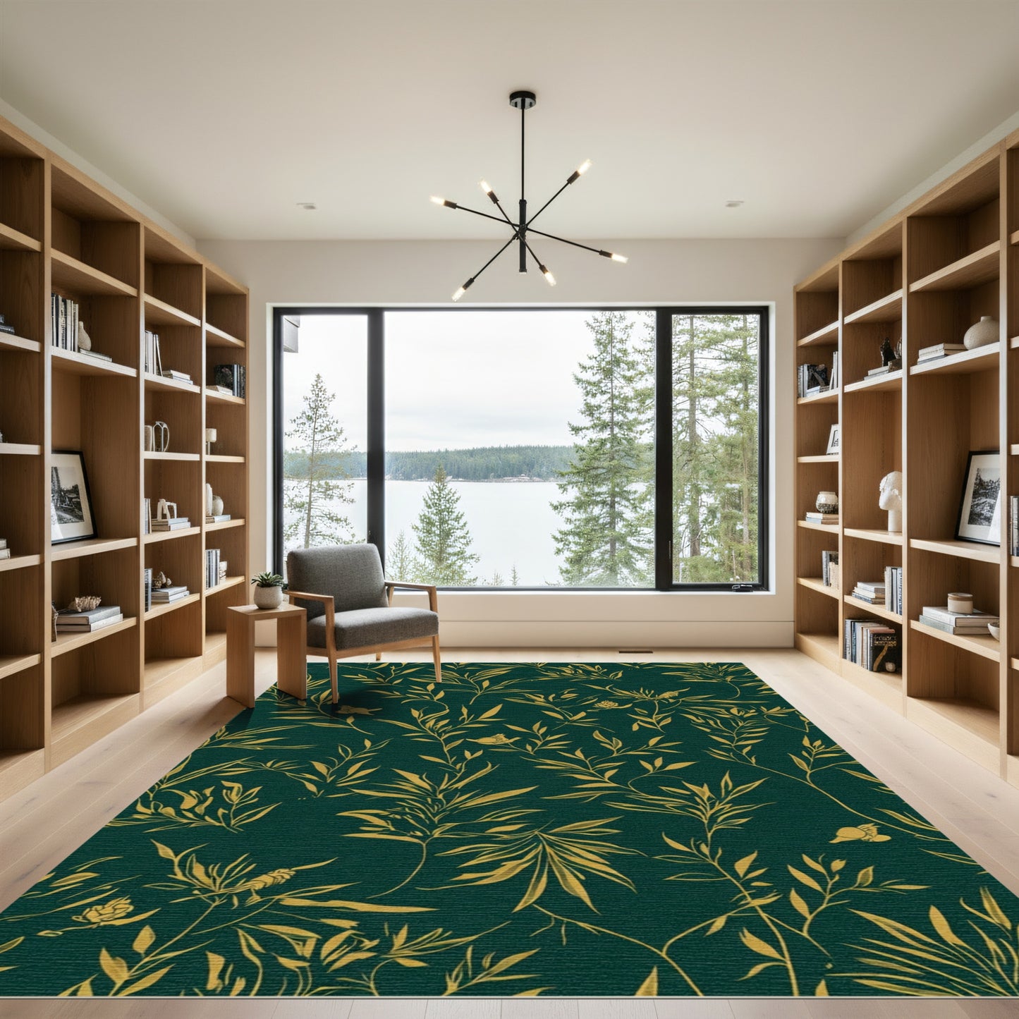 Emerald Green Gold Bamboo Foliage Rug