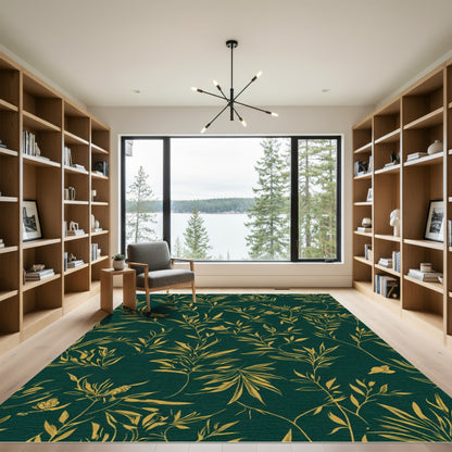 Emerald Green Gold Bamboo Foliage Rug
