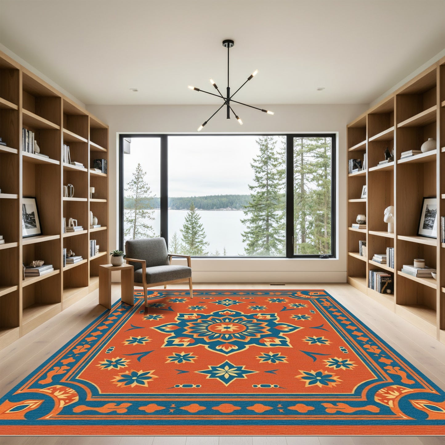 Orange Blue Floral Medallion Border Rug