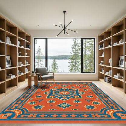 Orange Blue Floral Medallion Border Rug