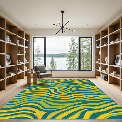 Teal Yellow Green Wavy Stripes Rug