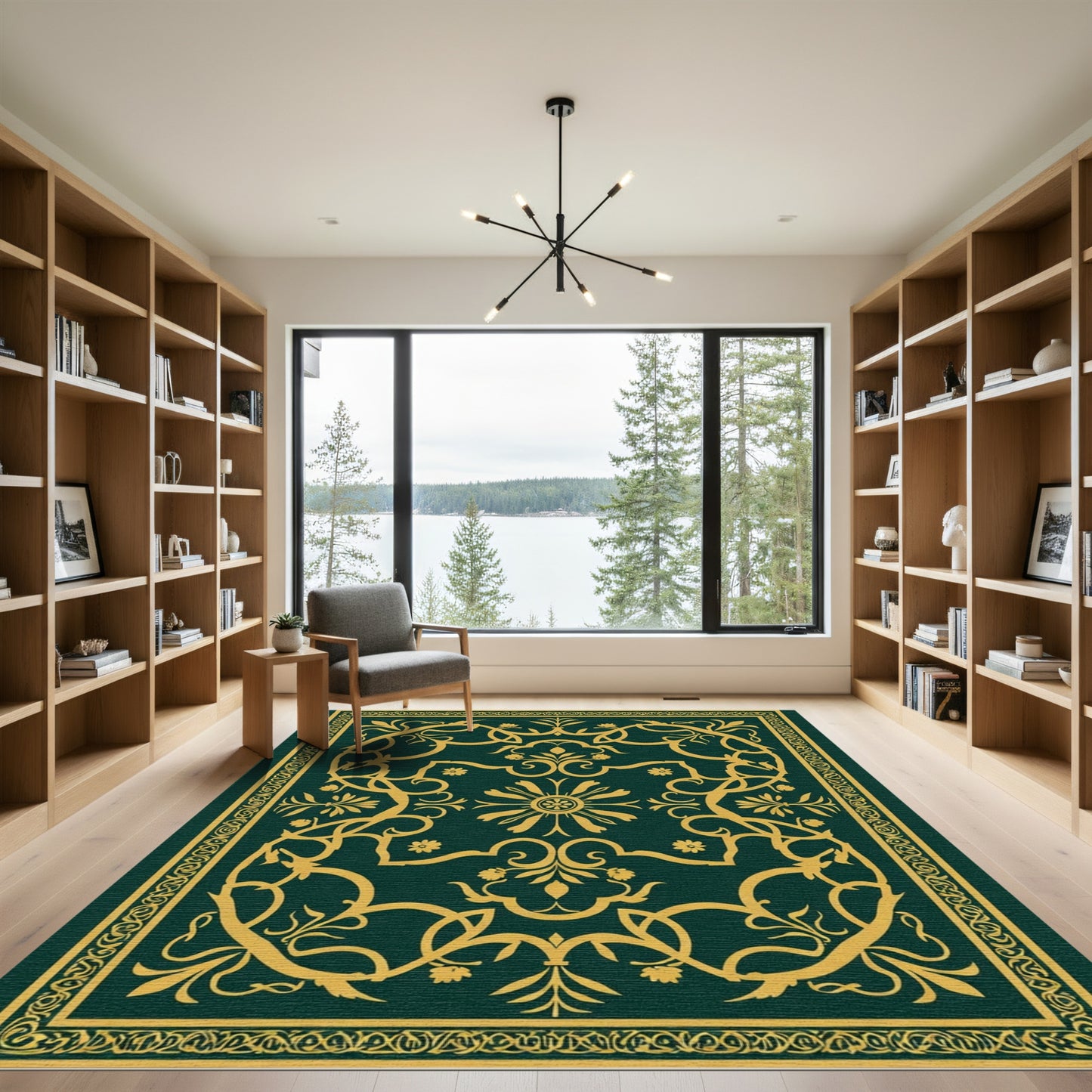 Deep Green Floral Gold Medallion Rug