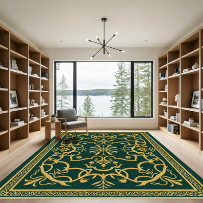 Deep Green Floral Gold Medallion Rug