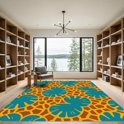 Teal Leafy Vines Ochre Background Rug