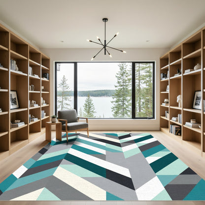 Teal Gray White Chevron Geometric Rug