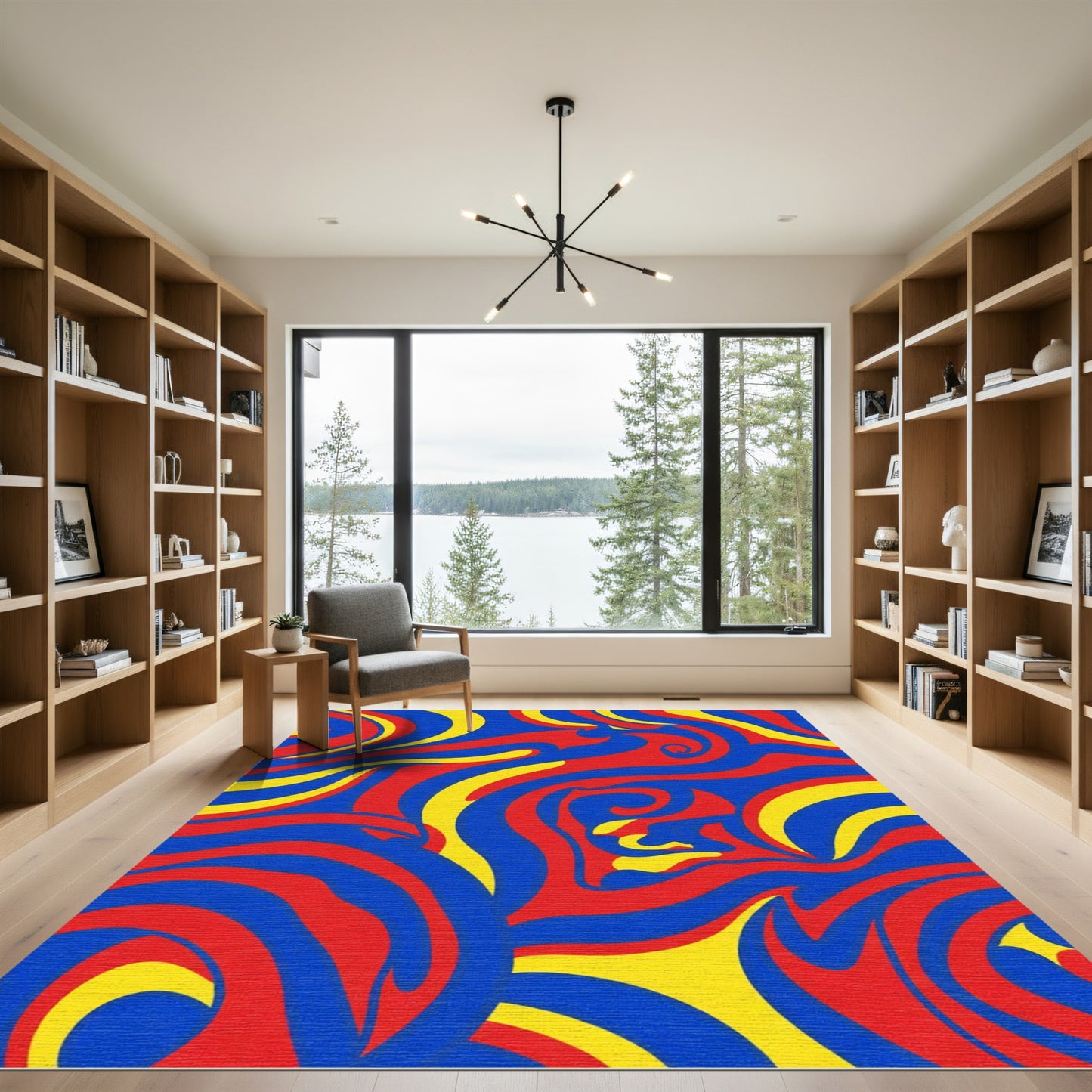 Vibrant Red Blue Yellow Swirl Rug