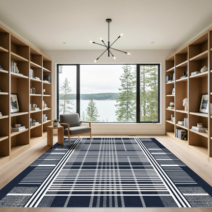 Deep Navy White Stripe Grid Rug