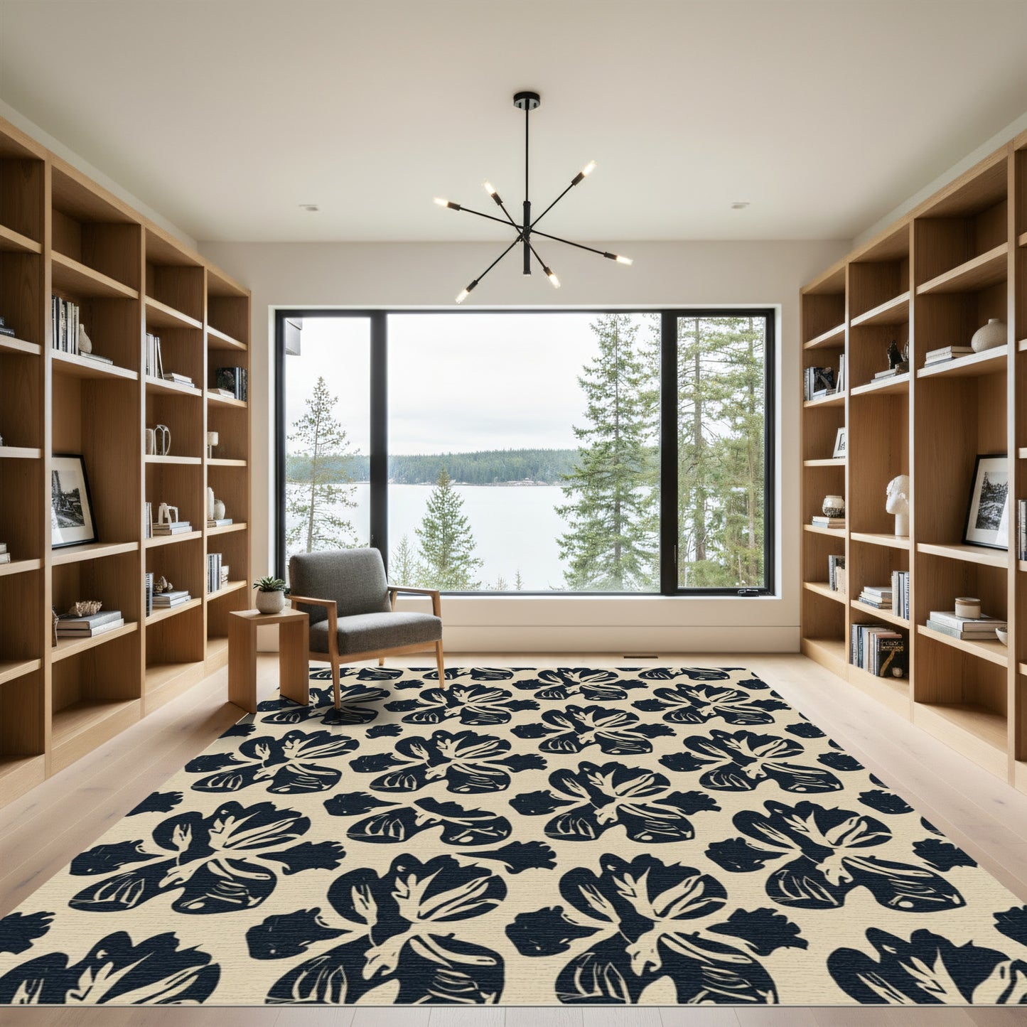 Bold Navy Iris Flower Pattern Rug