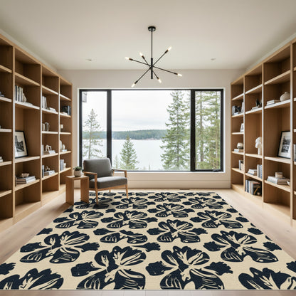 Bold Navy Iris Flower Pattern Rug
