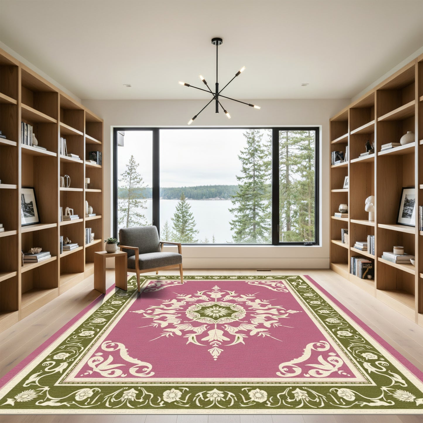Rose Pink Floral Medallion Bordered Rug