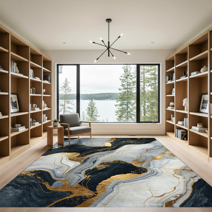 Navy Gray Gold Veined Marble Rug