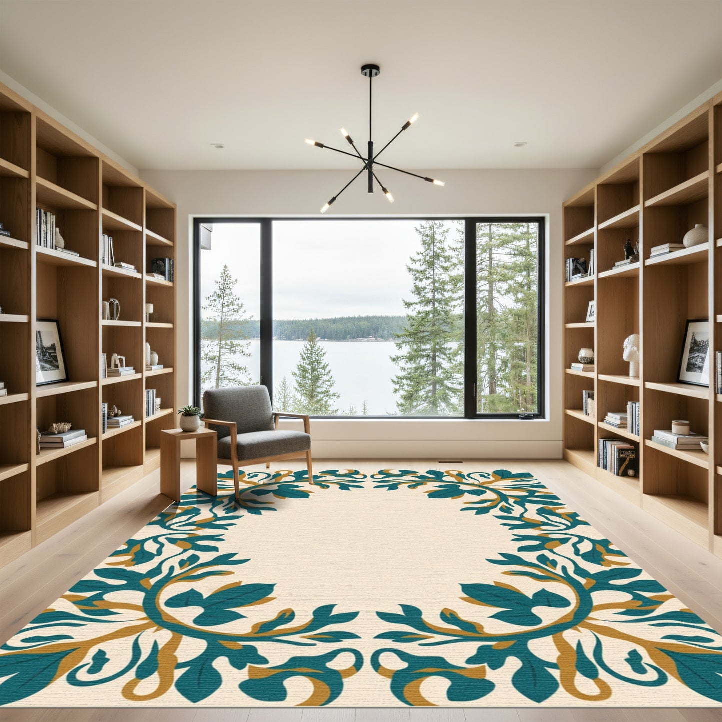 Teal and Gold Foliate Border Rug