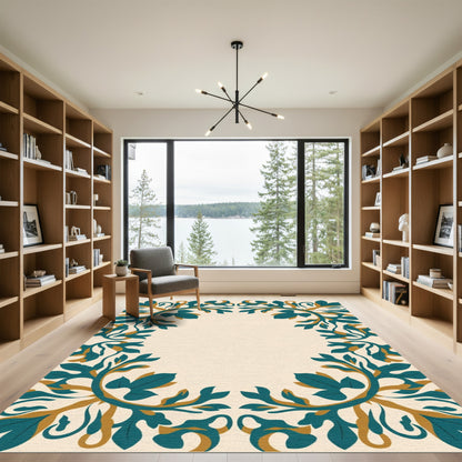 Teal and Gold Foliate Border Rug