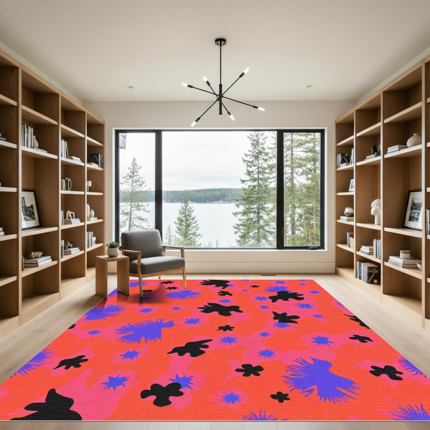 Vibrant Orange Black Blue Abstract Bloom Rug