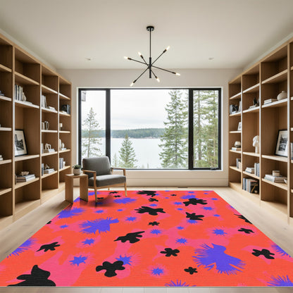 Vibrant Orange Black Blue Abstract Bloom Rug