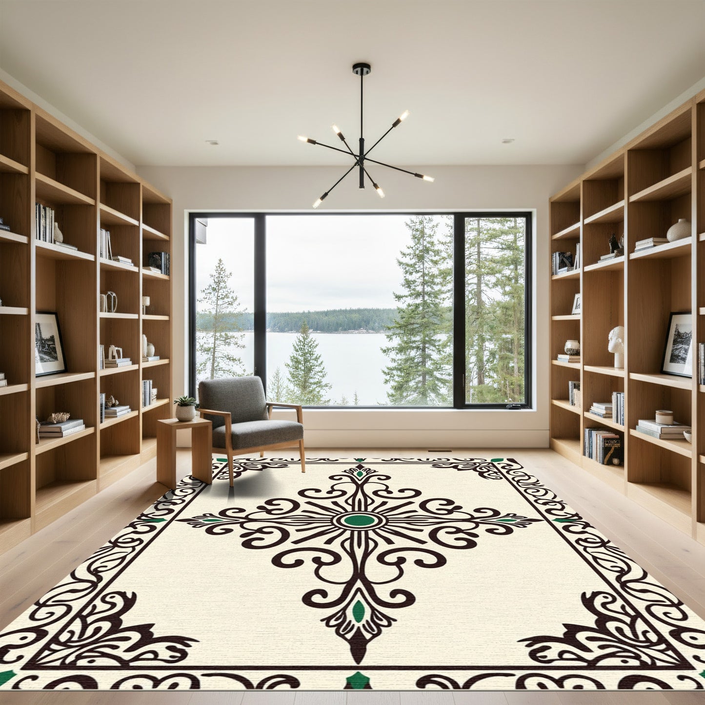 Cream And Emerald Scroll Medallion Rug