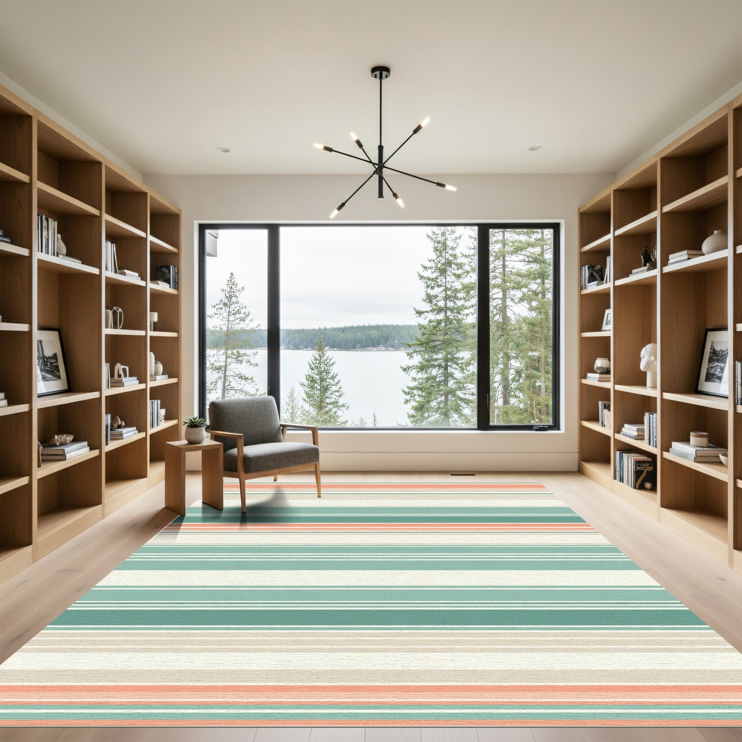 Subtle Salmon Aqua Horizontal Stripe Rug