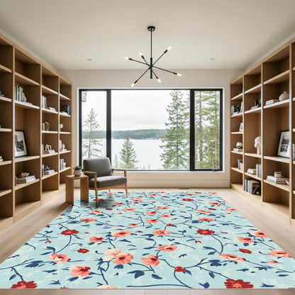 Coral Red Floral Vine Swirl Rug