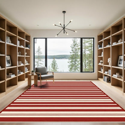 Deep Red Ivory Stripe Statement Rug
