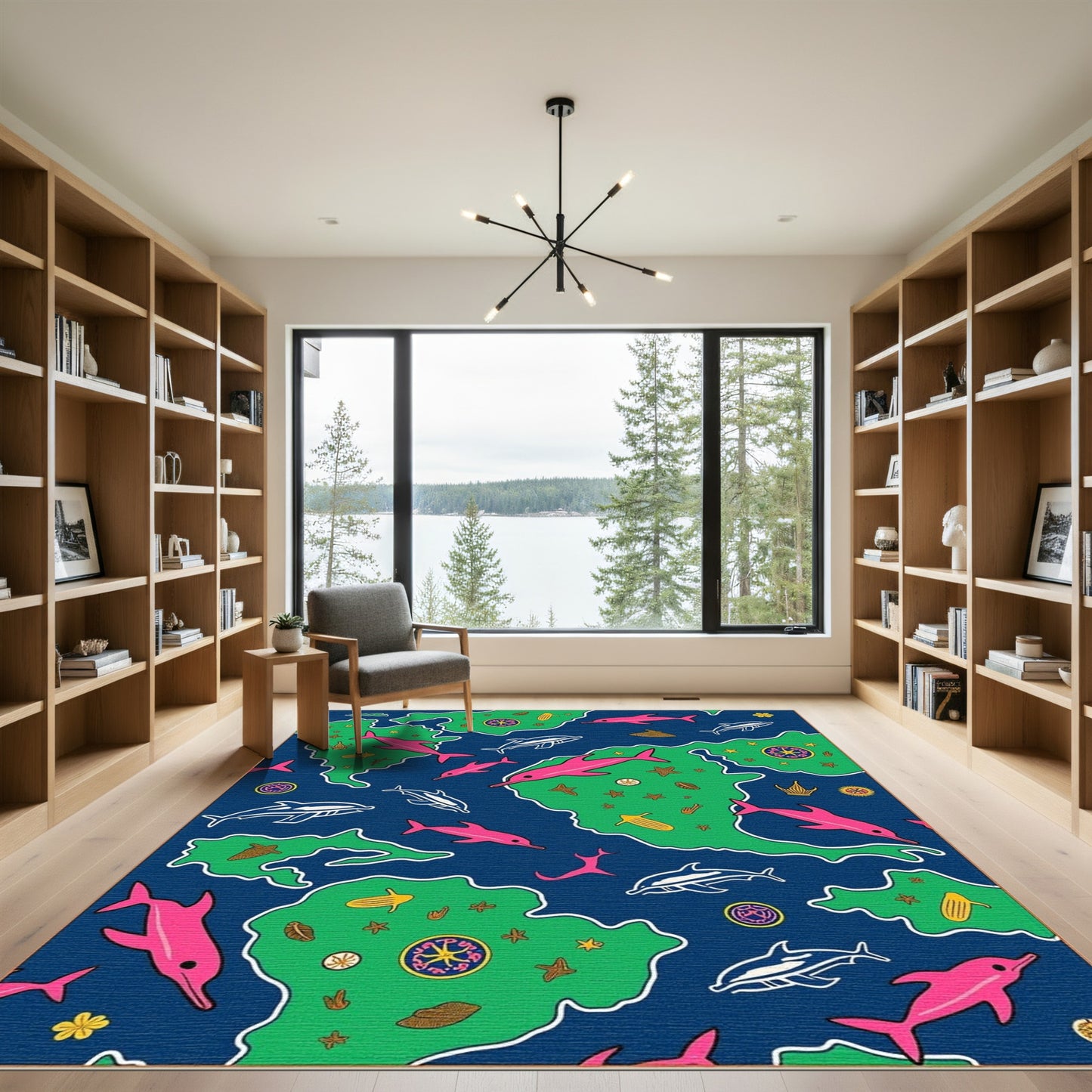 Pink Blue Dolphins Ocean Islands Rug