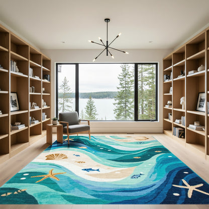 Teal Waves Starfish Seashell Beach Rug