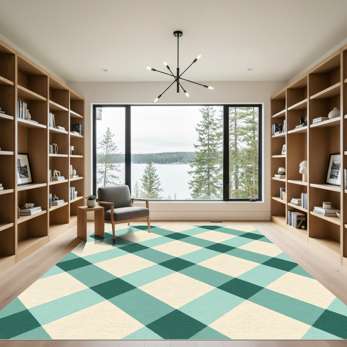 Teal Cream Diagonal Gingham Check Rug