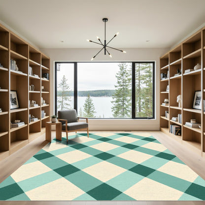 Teal Cream Diagonal Gingham Check Rug