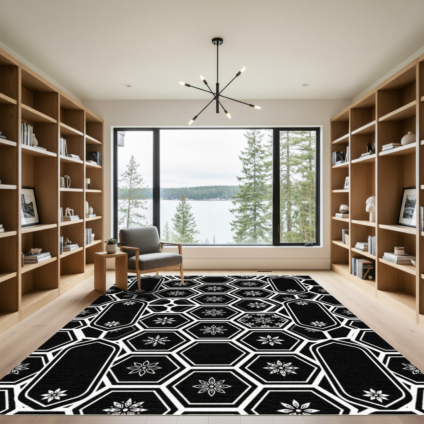 Black and White Geometric Hexagon Floral Rug