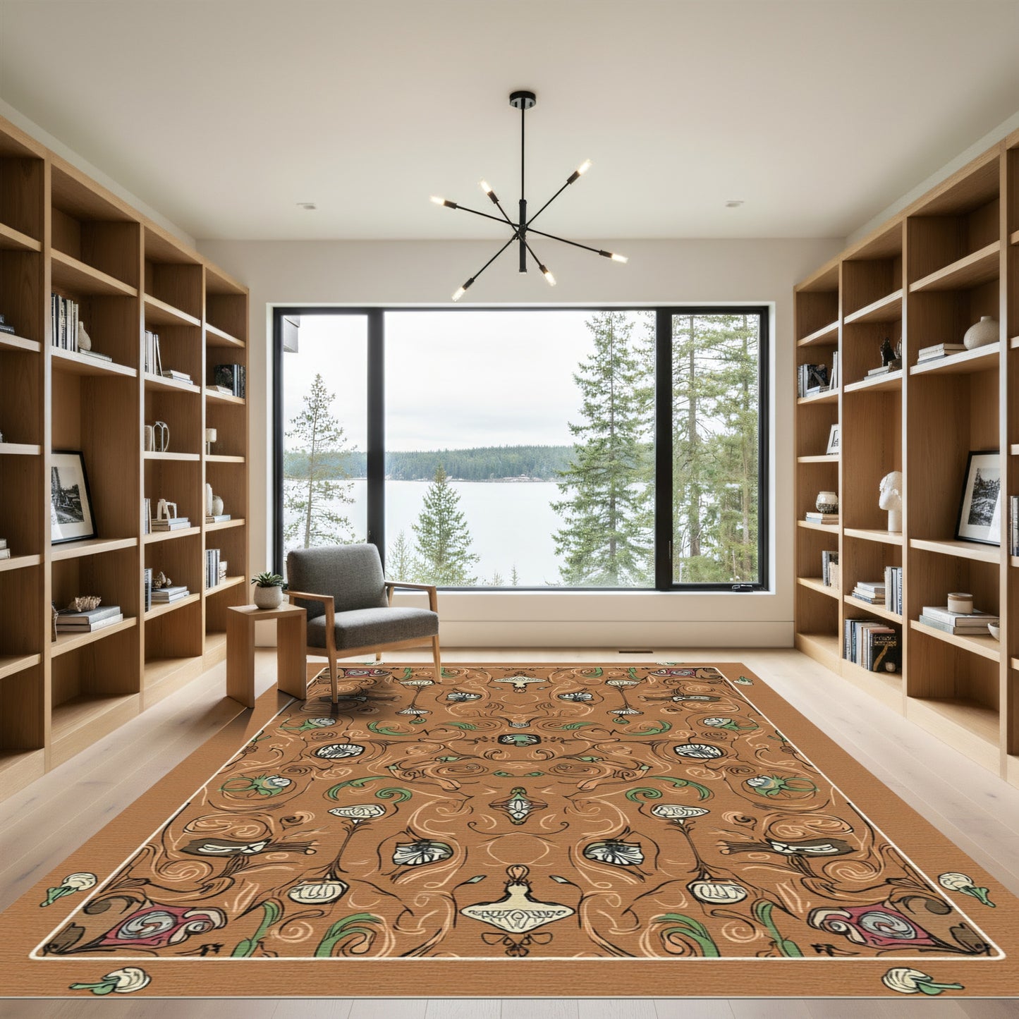 Earthy Brown Whimsical Floral Swirls Rug