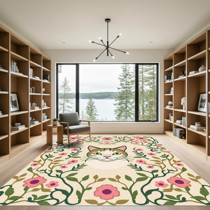 Pink Floral Garden Cat Portrait Rug