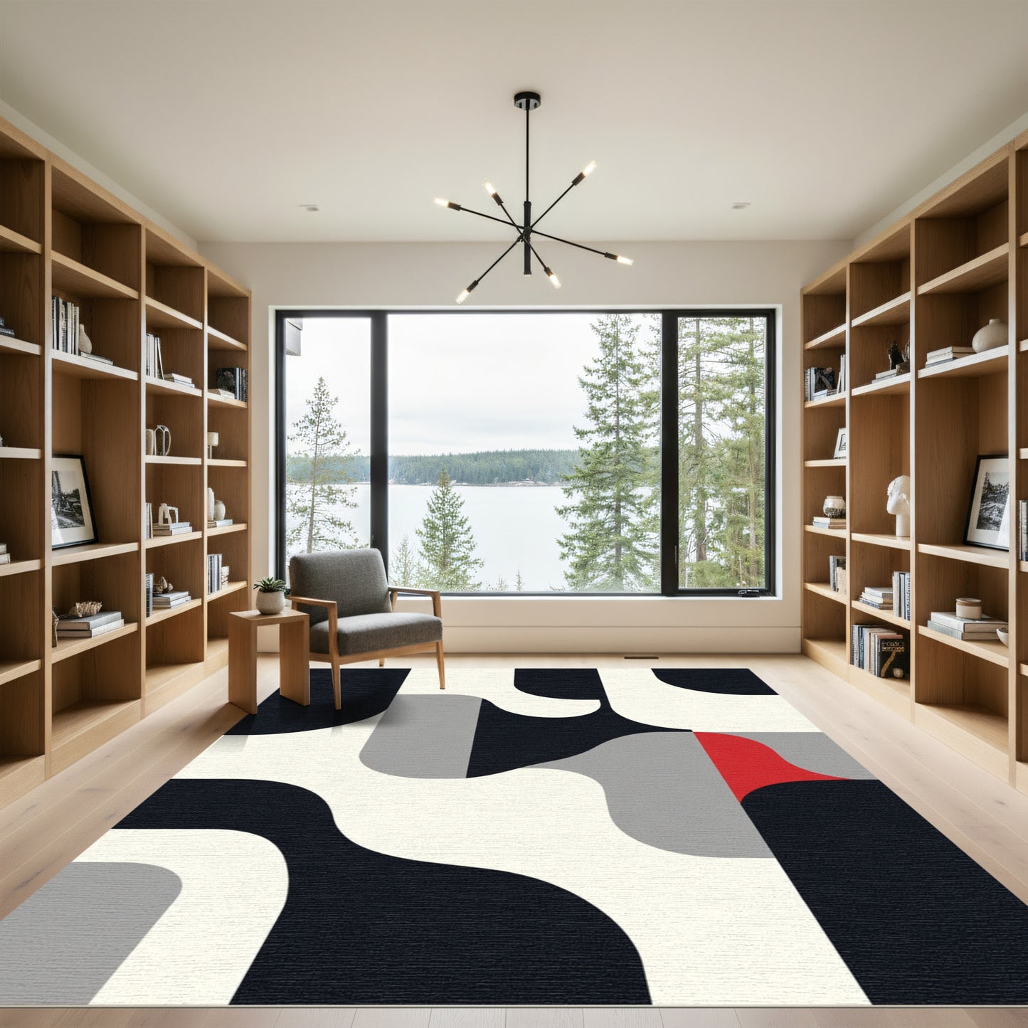 Abstract Red Black Cream Geometric Waves Rug