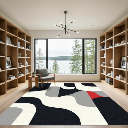 Abstract Red Black Cream Geometric Waves Rug
