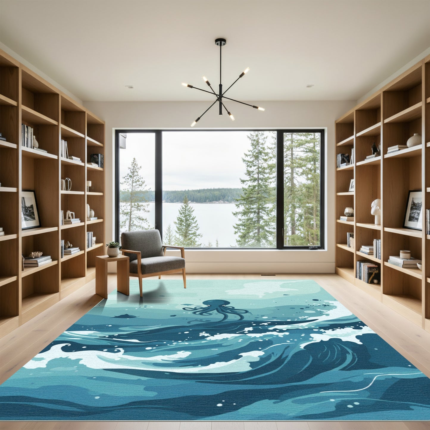 Deep Blue Sea Octopus Waves Rug