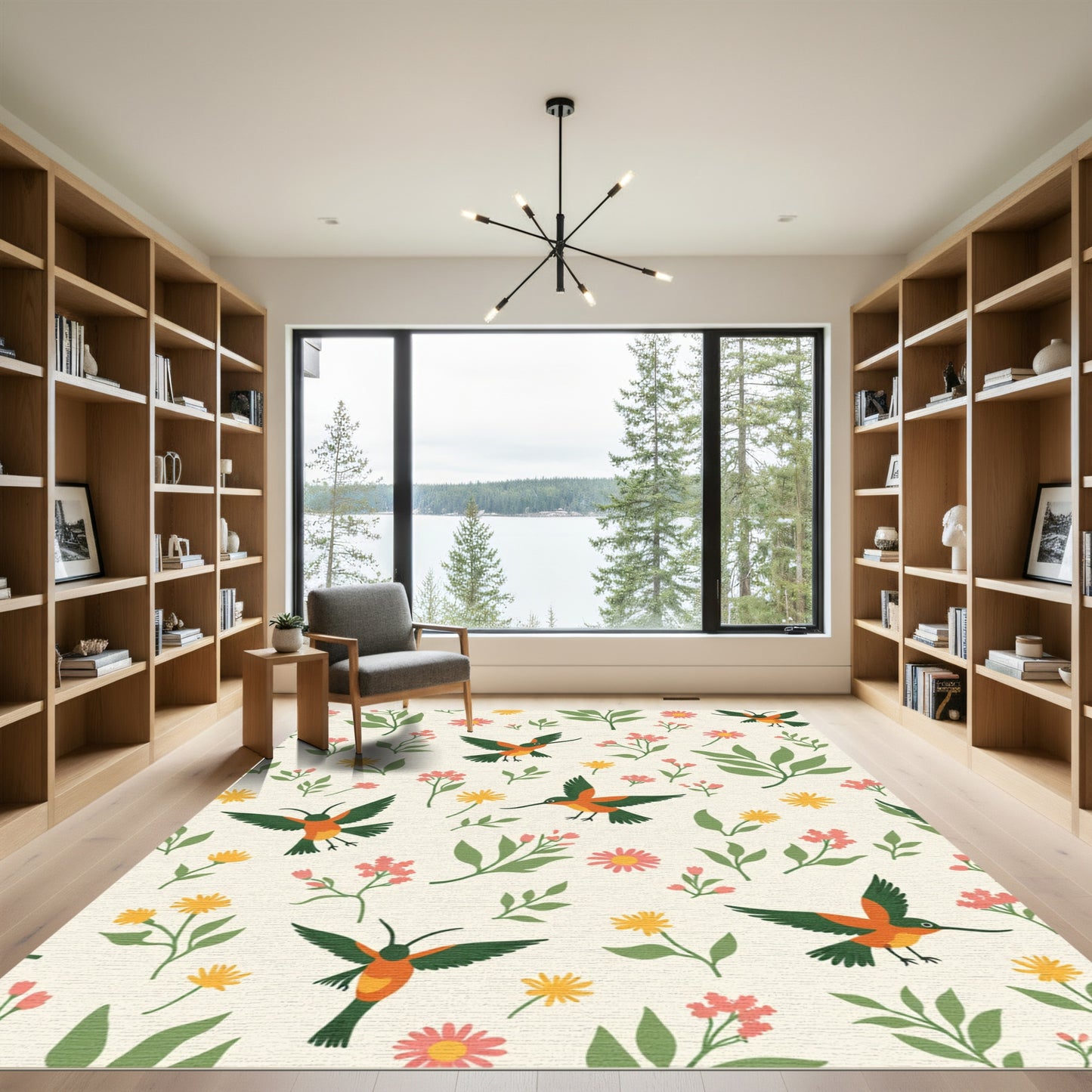 Whimsical Orange Hummingbird Floral Field Rug