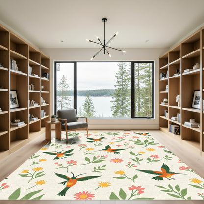 Whimsical Orange Hummingbird Floral Field Rug