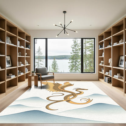 Golden Dragon Above Misty Blue Mountains Rug