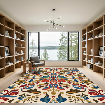 Rustic Red Blue Floral Medallion Rug
