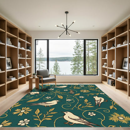 Cream Birds Floral Vines Teal Rug