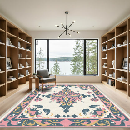 Pink Yellow Teal Medallion Border Rug