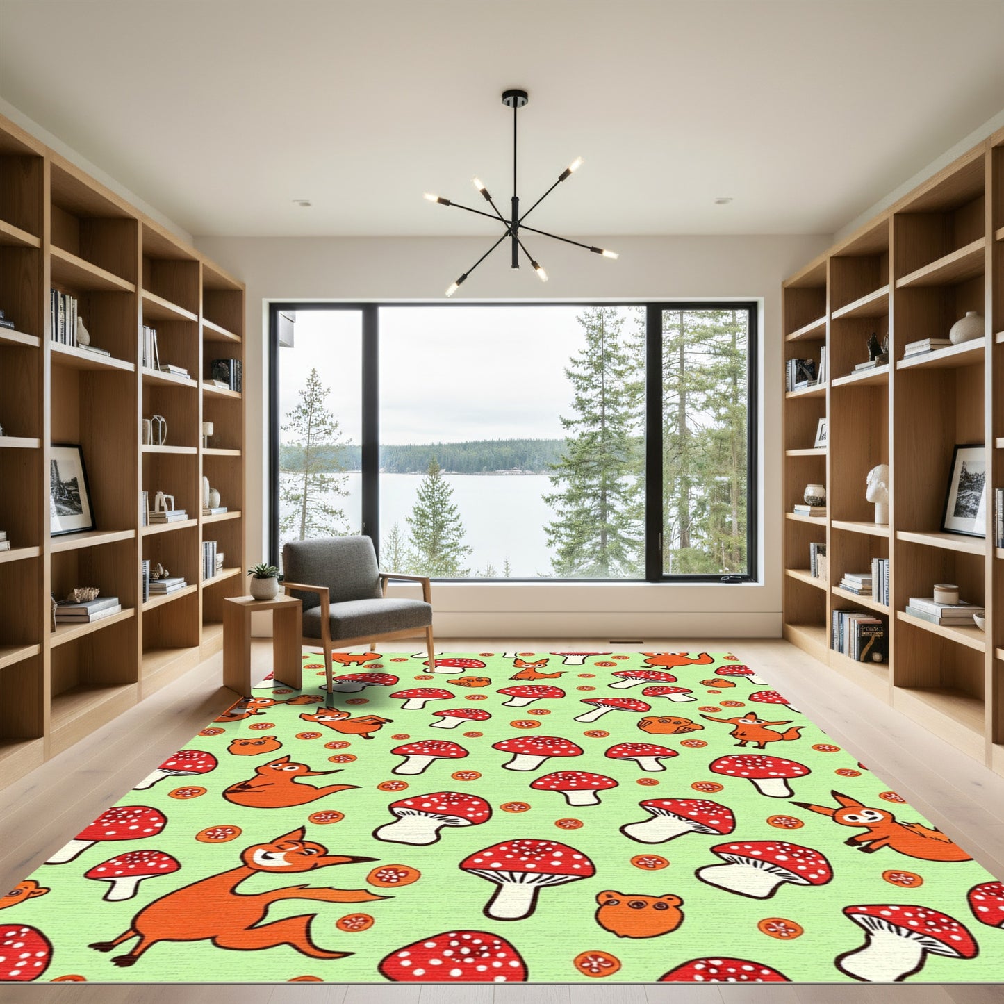 Whimsical Orange Fox Mushroom Meadow Rug