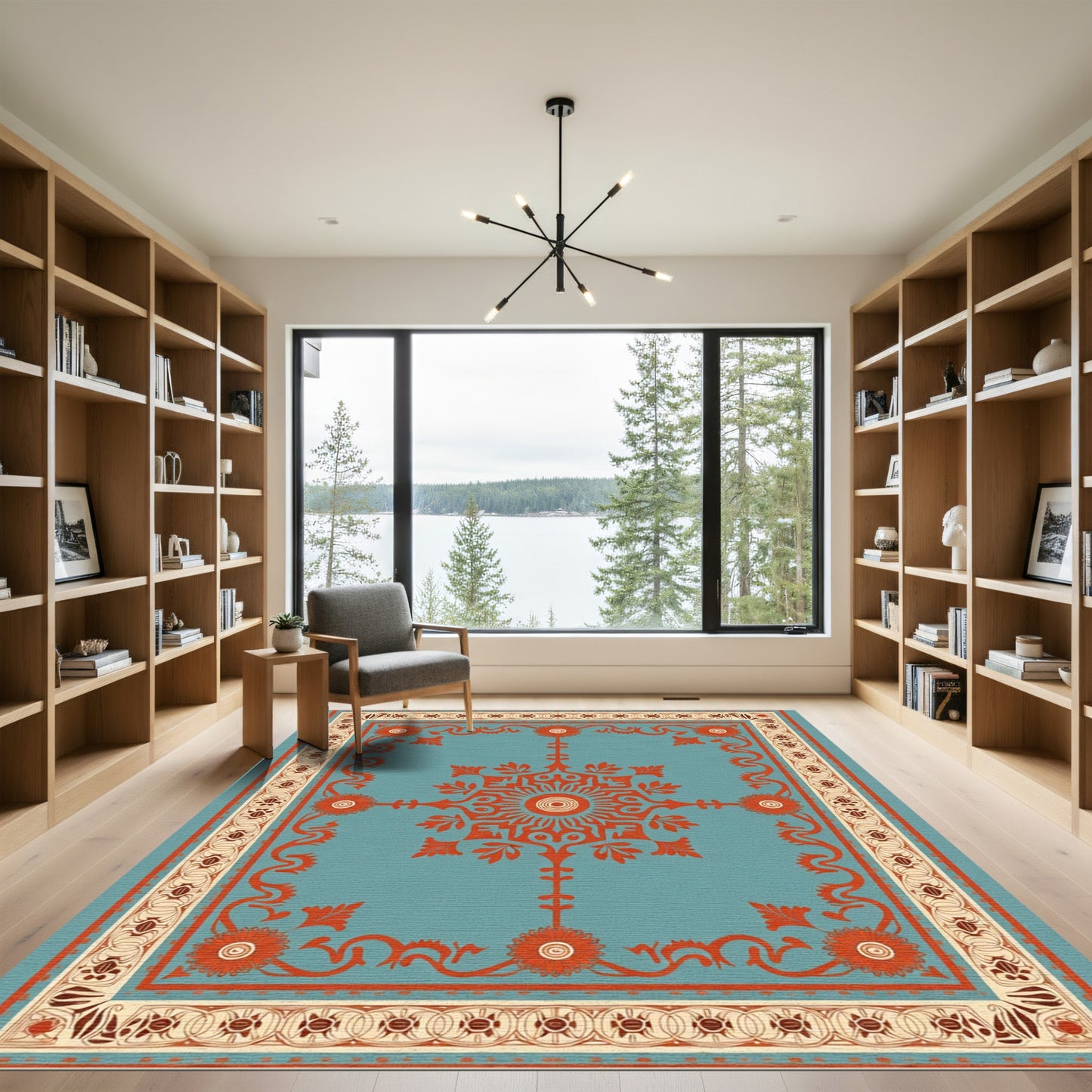 Coral Sunburst Teal Floral Medallion Rug