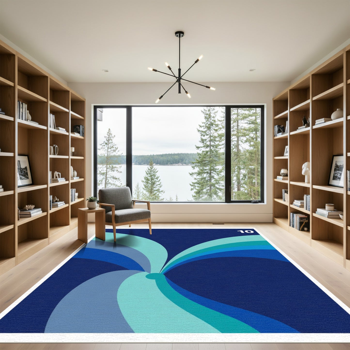 Aqua Blue Swirling Arc Arrangement Rug