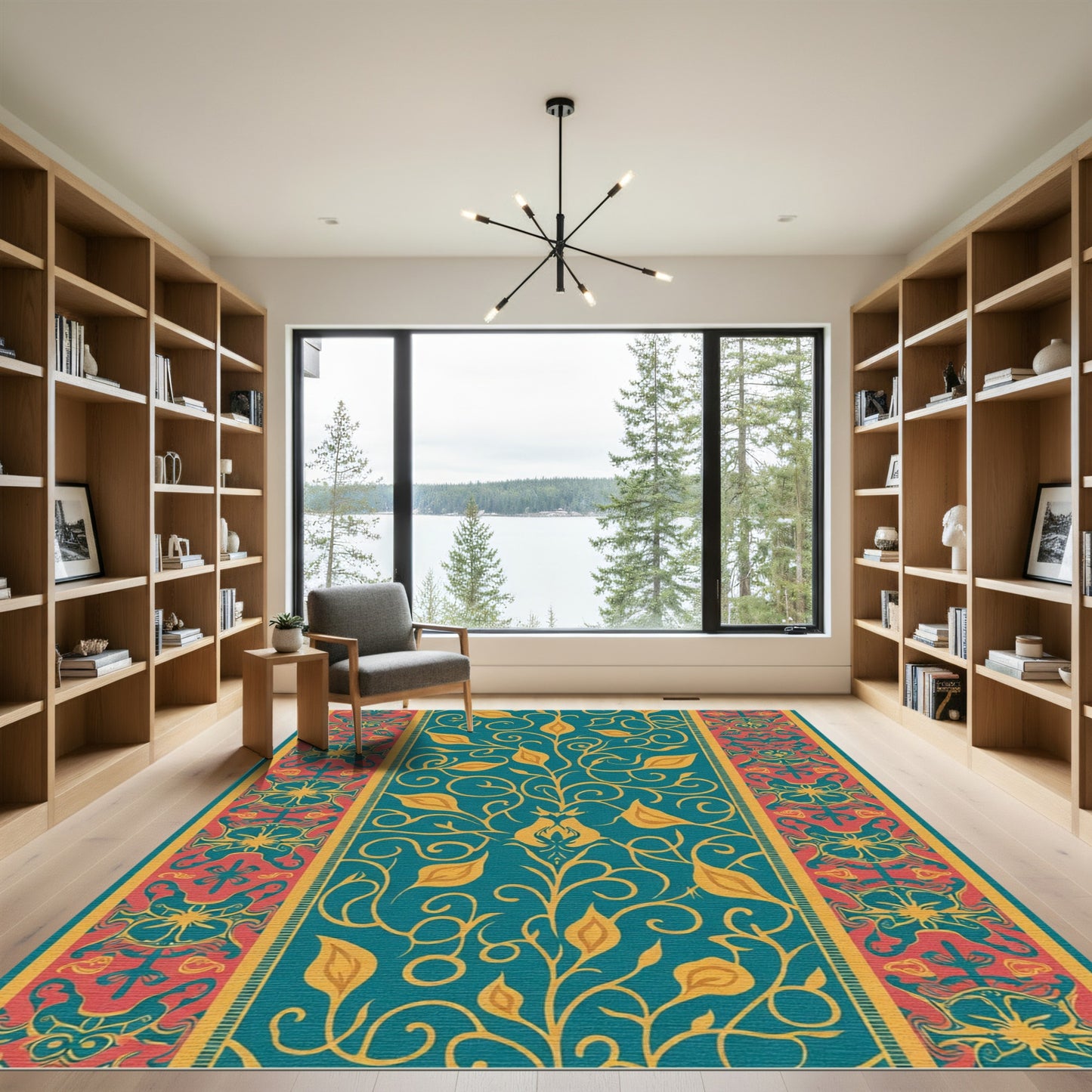 Teal Golden Floral Medallion Border Rug