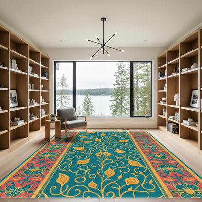 Teal Golden Floral Medallion Border Rug