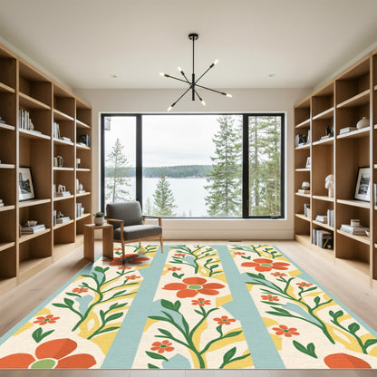 Retro Orange Floral Vine Stripes Rug