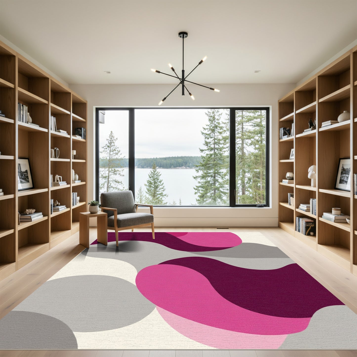 Modern Magenta Gray Abstract Swirl Rug