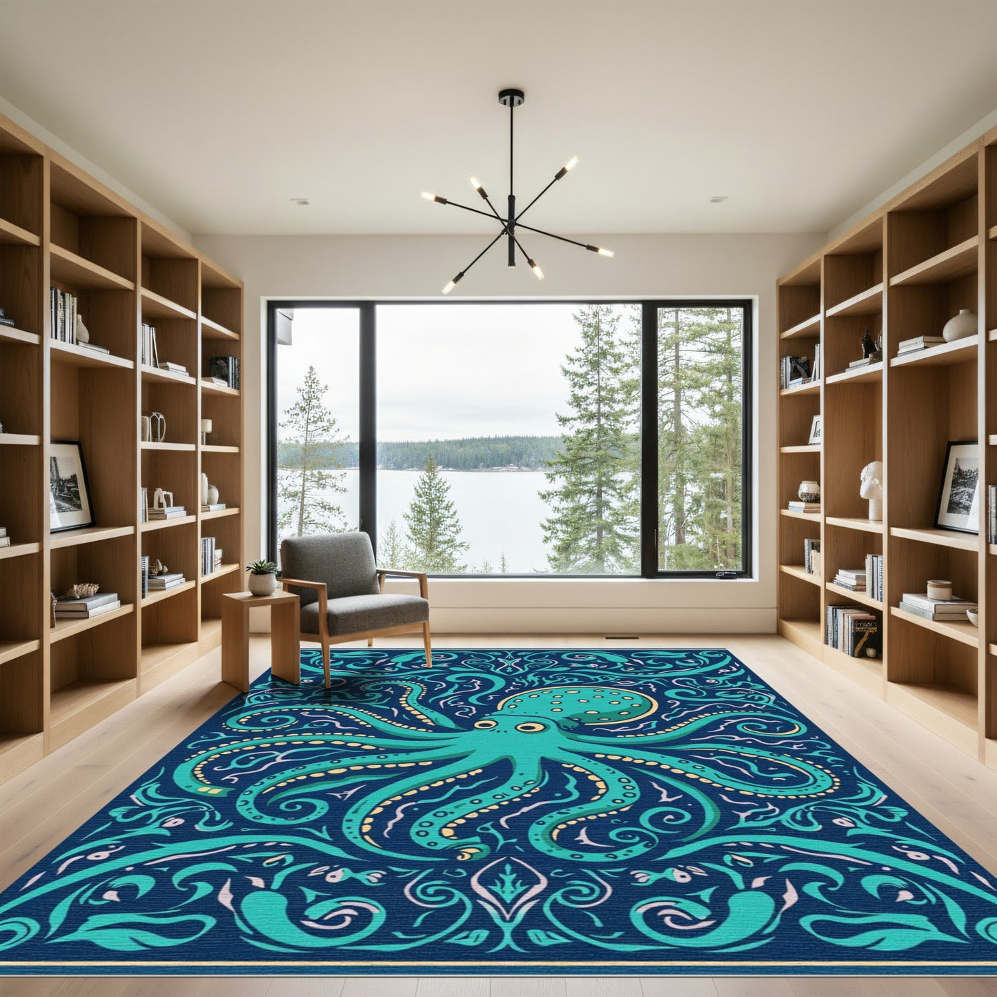 Teal Octopus Folk Art Rug